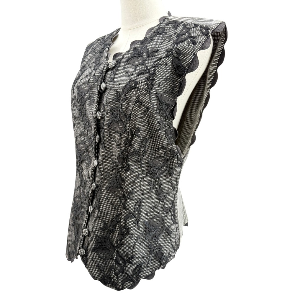 Vintage Jan Barboglio Women Vest Lace Overlay Black White Scalloped Top Size 10 - Picture 5 of 10